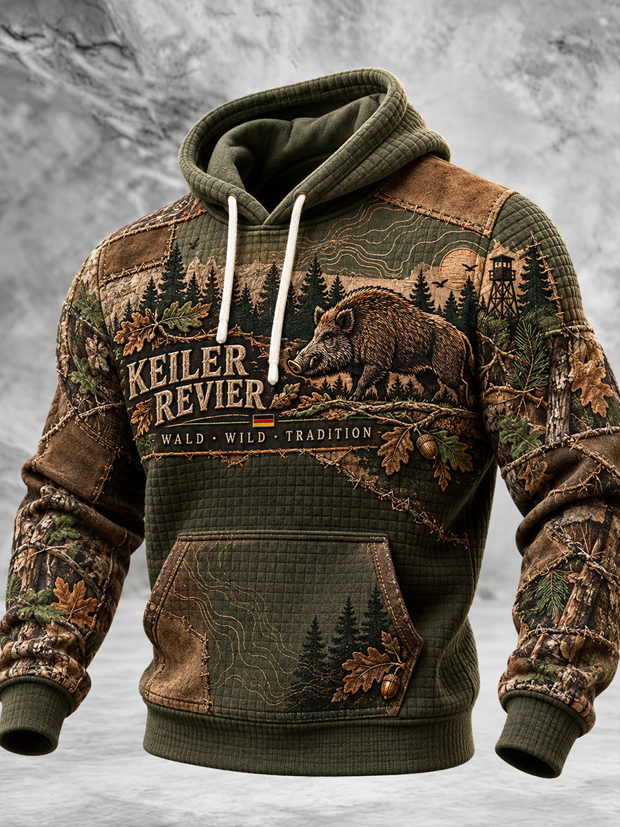 Herren-Kapuzenpullover mit Reißverschluss, lässigem Pelzkragen und Jagdmotiv im deutschen Stil