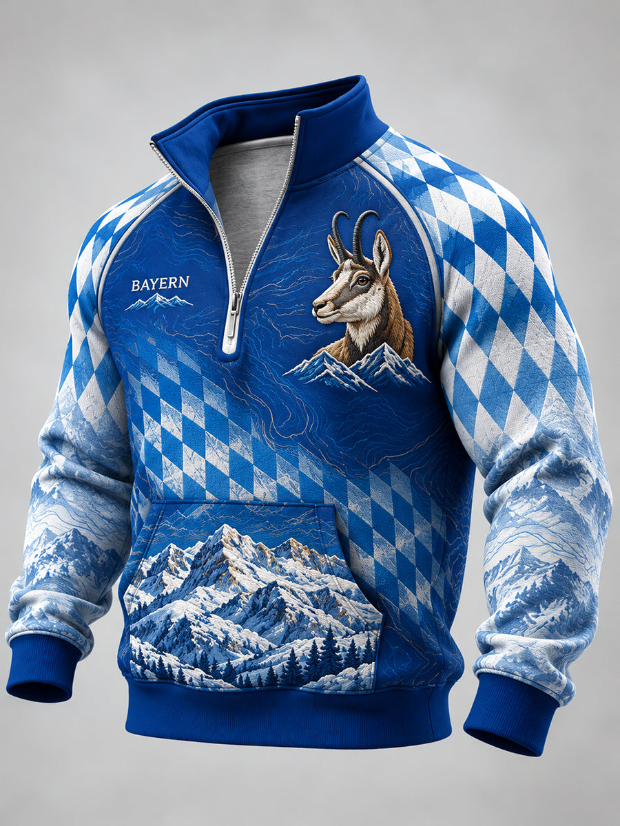 Herren-Sweatshirt im bayerischen Stil mit halbem Reißverschluss und Stehkragen