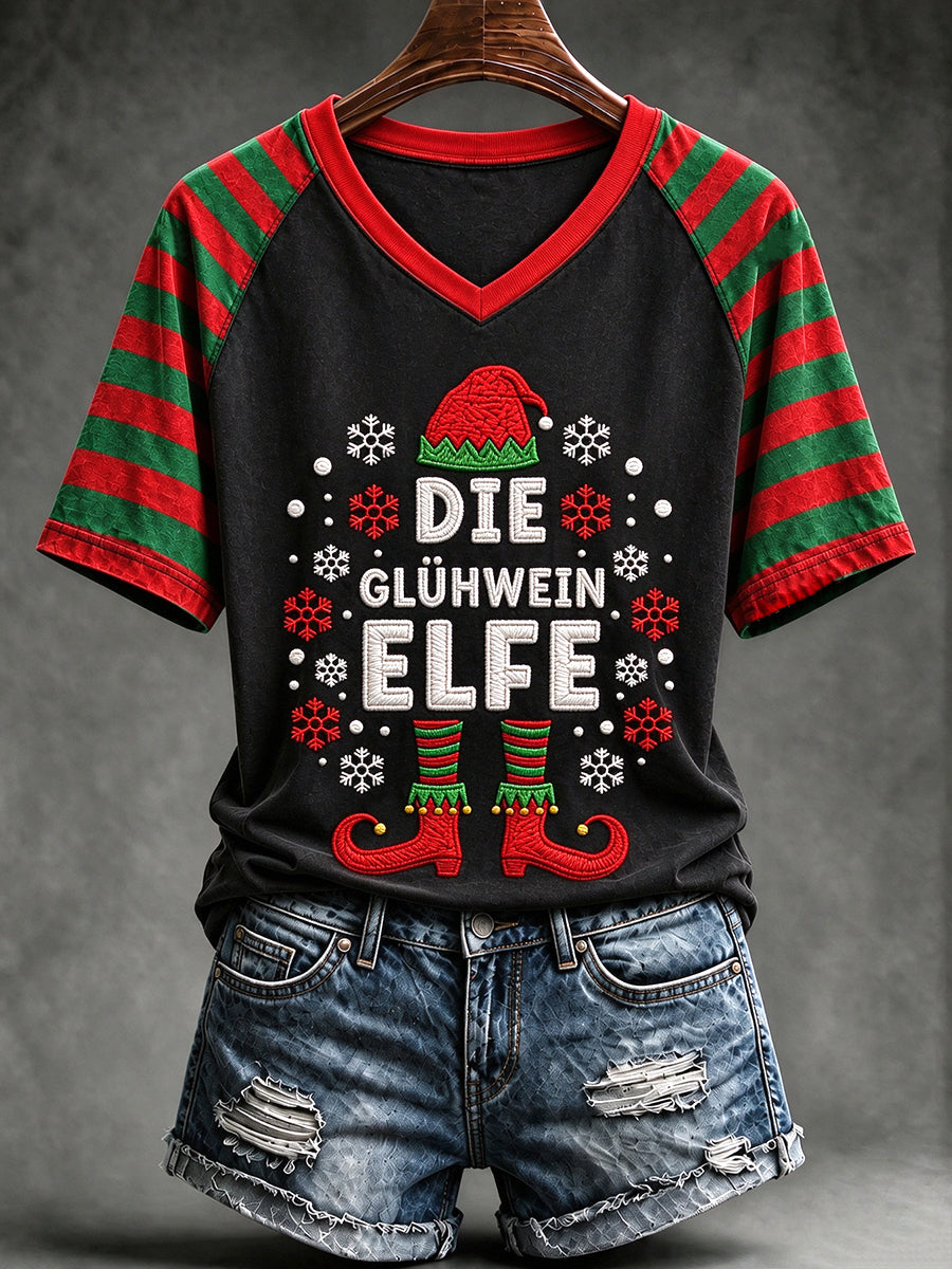 Weihnachts-T-Shirt für Damen mit V-Ausschnitt und Print