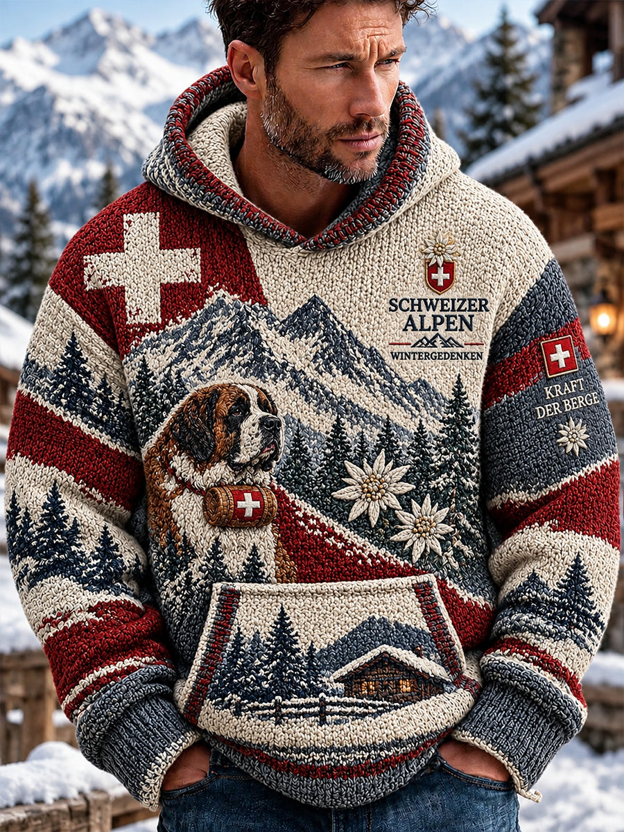 Herren-Strickkapuzenpullover mit alpinem Grafikdruck
