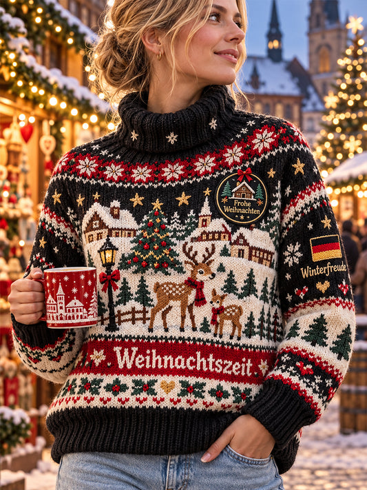Damen-Strickpullover mit Weihnachtsmuster und Rollkragen