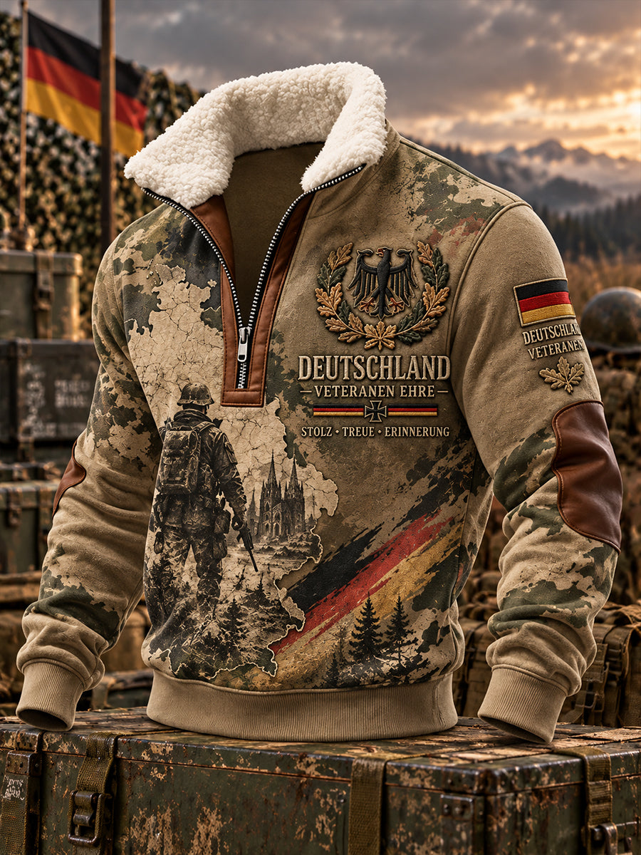 Herren-Kapuzenpullover mit Fleece-Innenfutter und hohem Kragen, bedruckt mit einem Motiv zum Gedenken an Veteranen