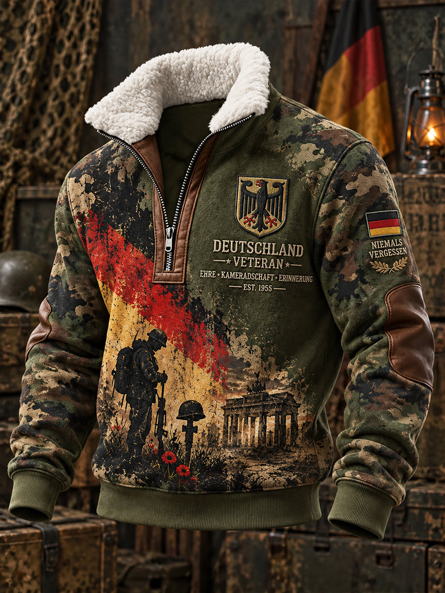 Herren-Kapuzenpullover mit Fleece-Innenfutter und hohem Kragen, bedruckt mit einem Motiv zum Gedenken an Veteranen