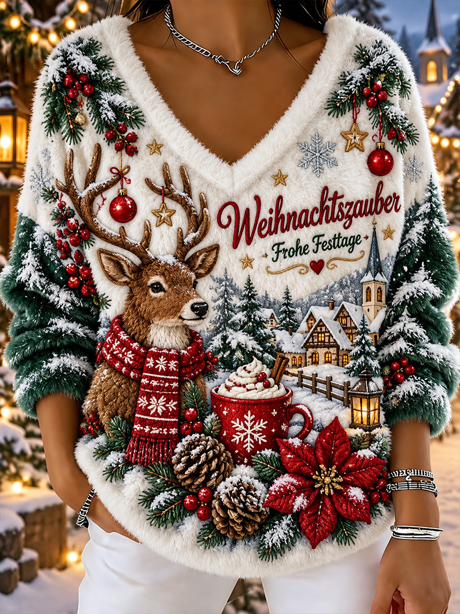 Damen-Flanell-Sweatshirt mit weihnachtlichem Print und langen Ärmeln