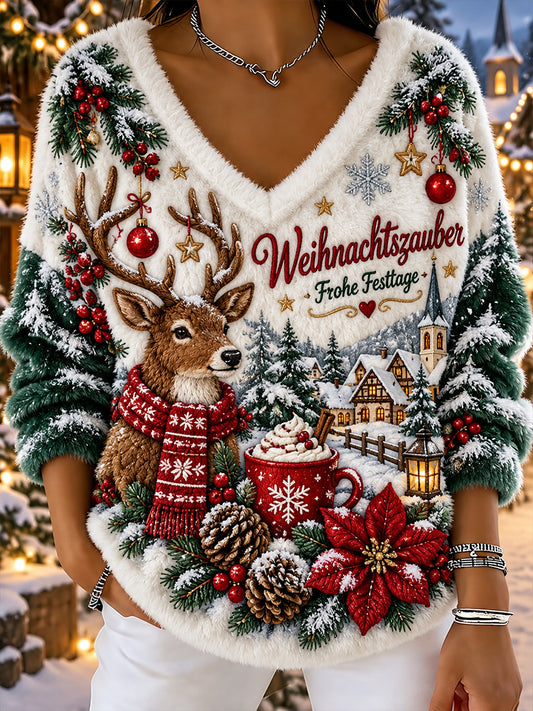 Damen-Flanell-Sweatshirt mit weihnachtlichem Print und langen Ärmeln