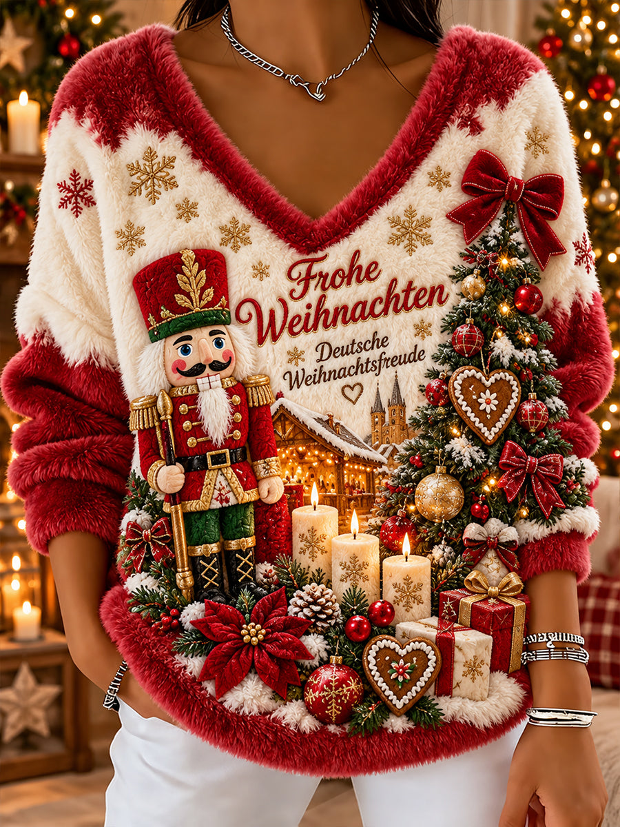 Damen-Flanell-Sweatshirt mit weihnachtlichem Print und langen Ärmeln