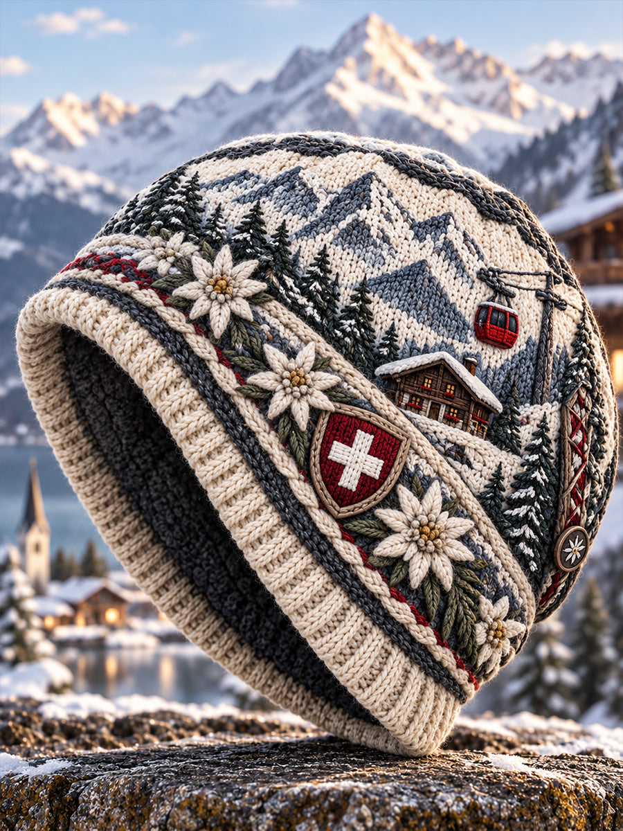 Alpiner schneebedeckter Berg – Gedenkgrafik-Beanie