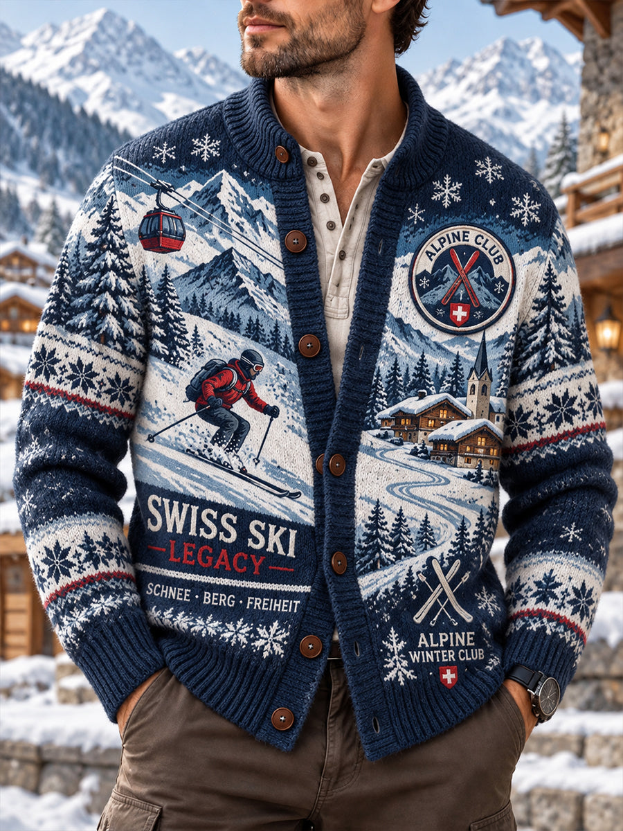 Herren-Strickjacke mit grafischem Alpen-Mountain-Print