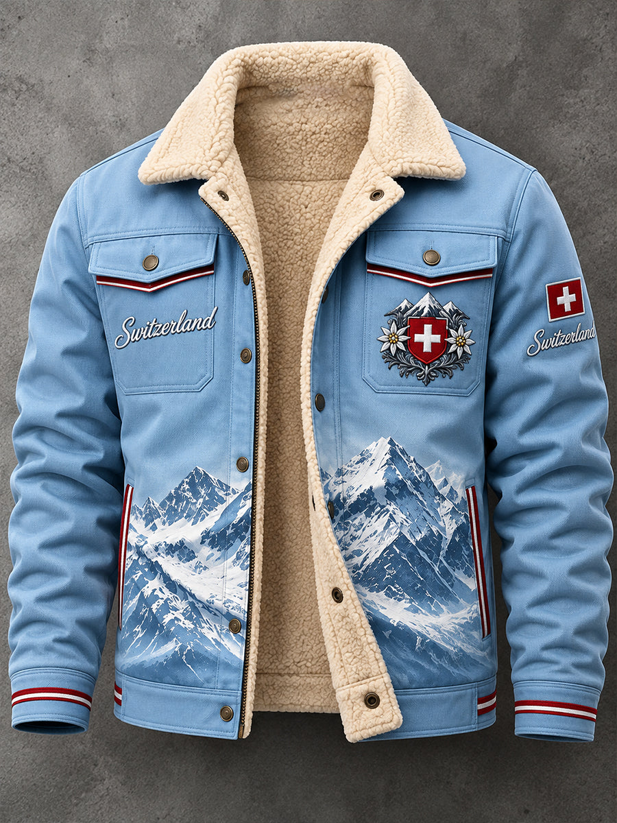 Herrenjacke mit Fleece-Innenfutter und grafischem Alpenberg-Print