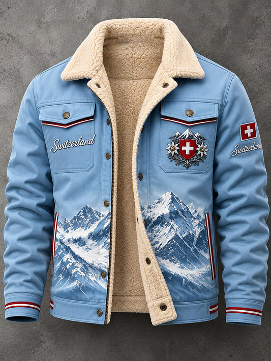 Herrenjacke mit Fleece-Innenfutter und grafischem Alpenberg-Print