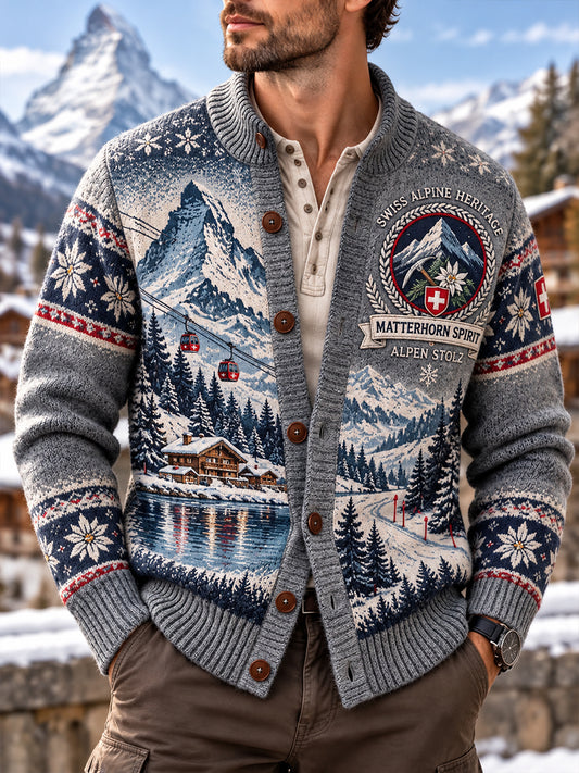 Herren-Strickjacke mit grafischem Alpen-Mountain-Print