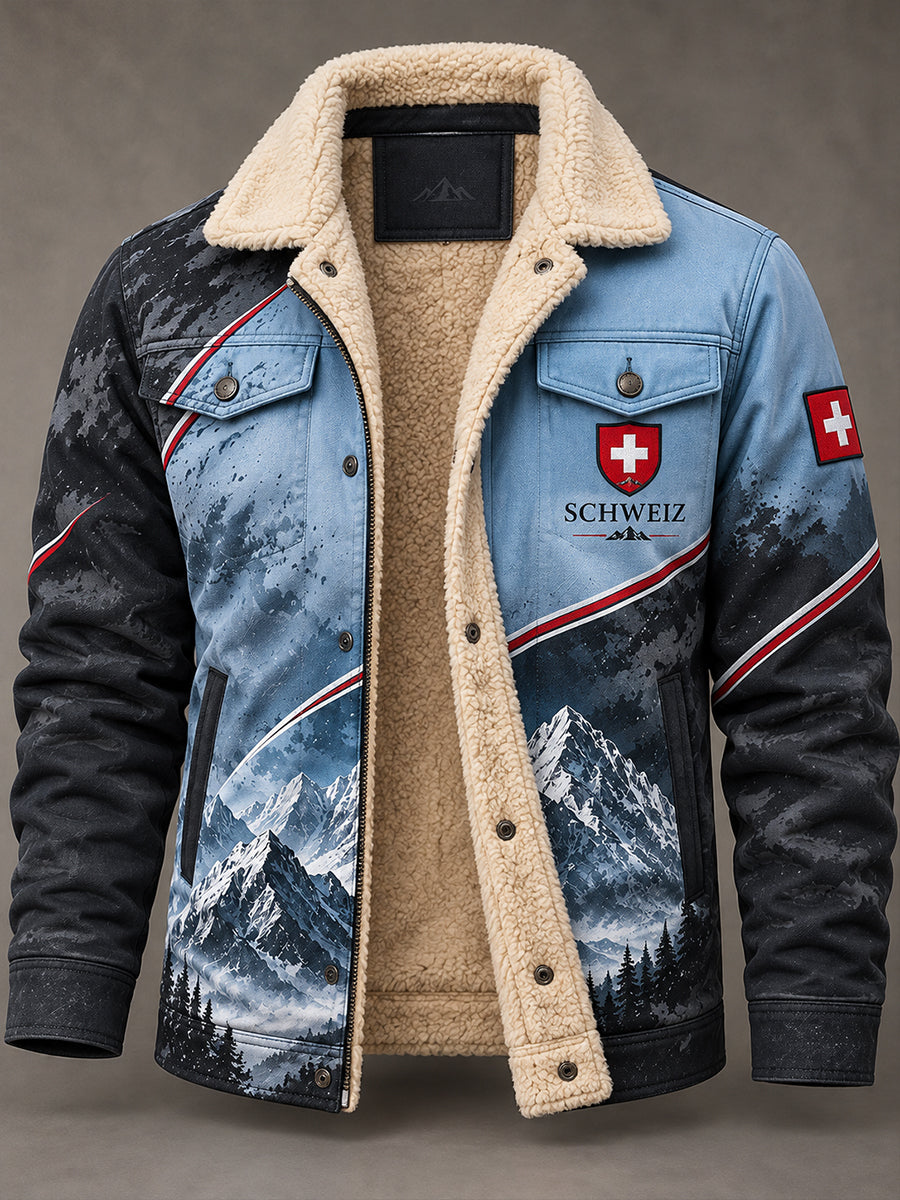 Herrenjacke mit Fleece-Innenfutter und grafischem Alpenberg-Print