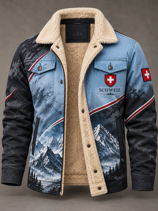 Herrenjacke mit Fleece-Innenfutter und grafischem Alpenberg-Print