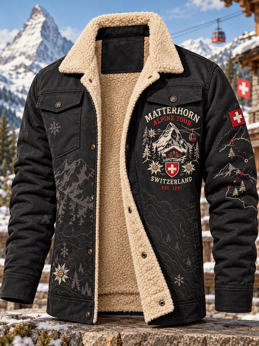 Herrenjacke mit Fleece-Innenfutter und alpinem Gedenkgrafikdruck