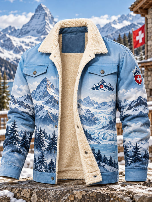 Herrenjacke mit Fleece-Innenfutter und alpinem Gedenkgrafikdruck