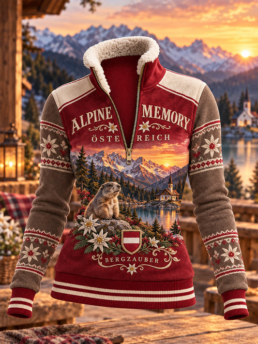 Damen-Fleece-Turtleneck-Sweatshirt mit alpinem Urlaubsmotiv
