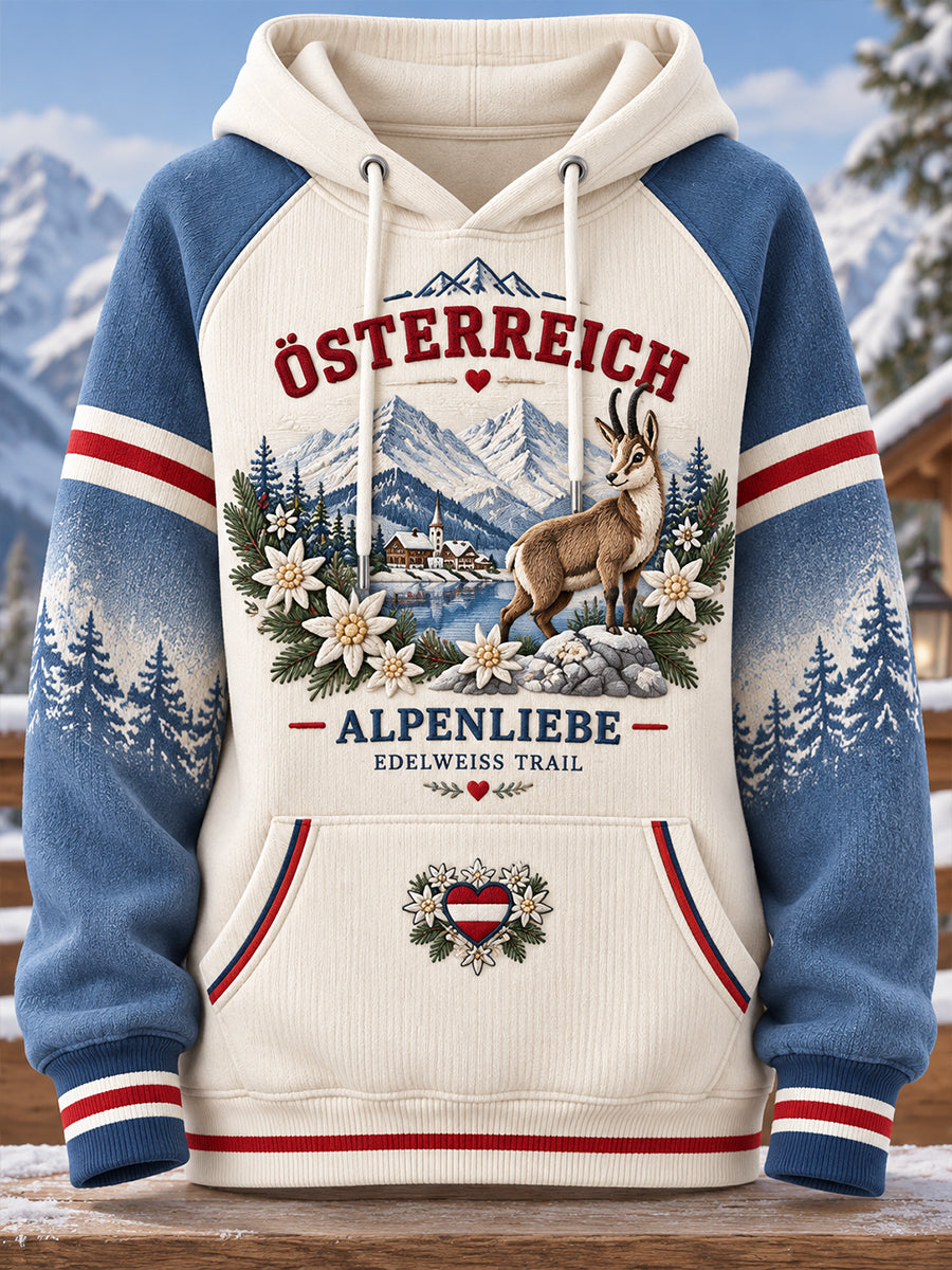Damen-Hoodie mit alpinem Festtagsmuster und Raglanärmeln