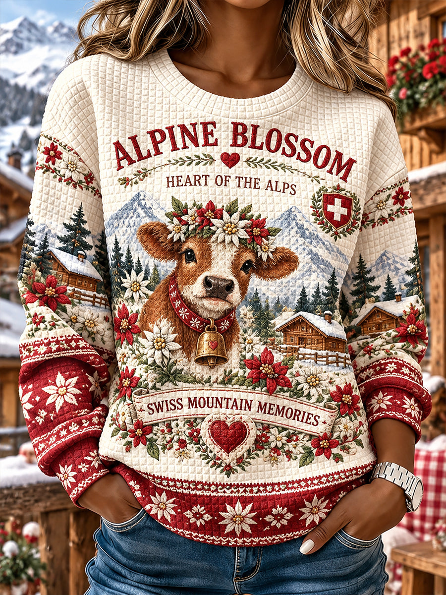 Damen-Alpin-Urlaubs-Graphic-Waffelstrick-Langarm-Sweatshirt