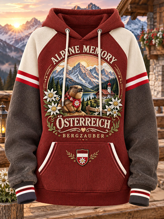 Damen-Hoodie mit alpinem Festtagsmuster und Raglanärmeln