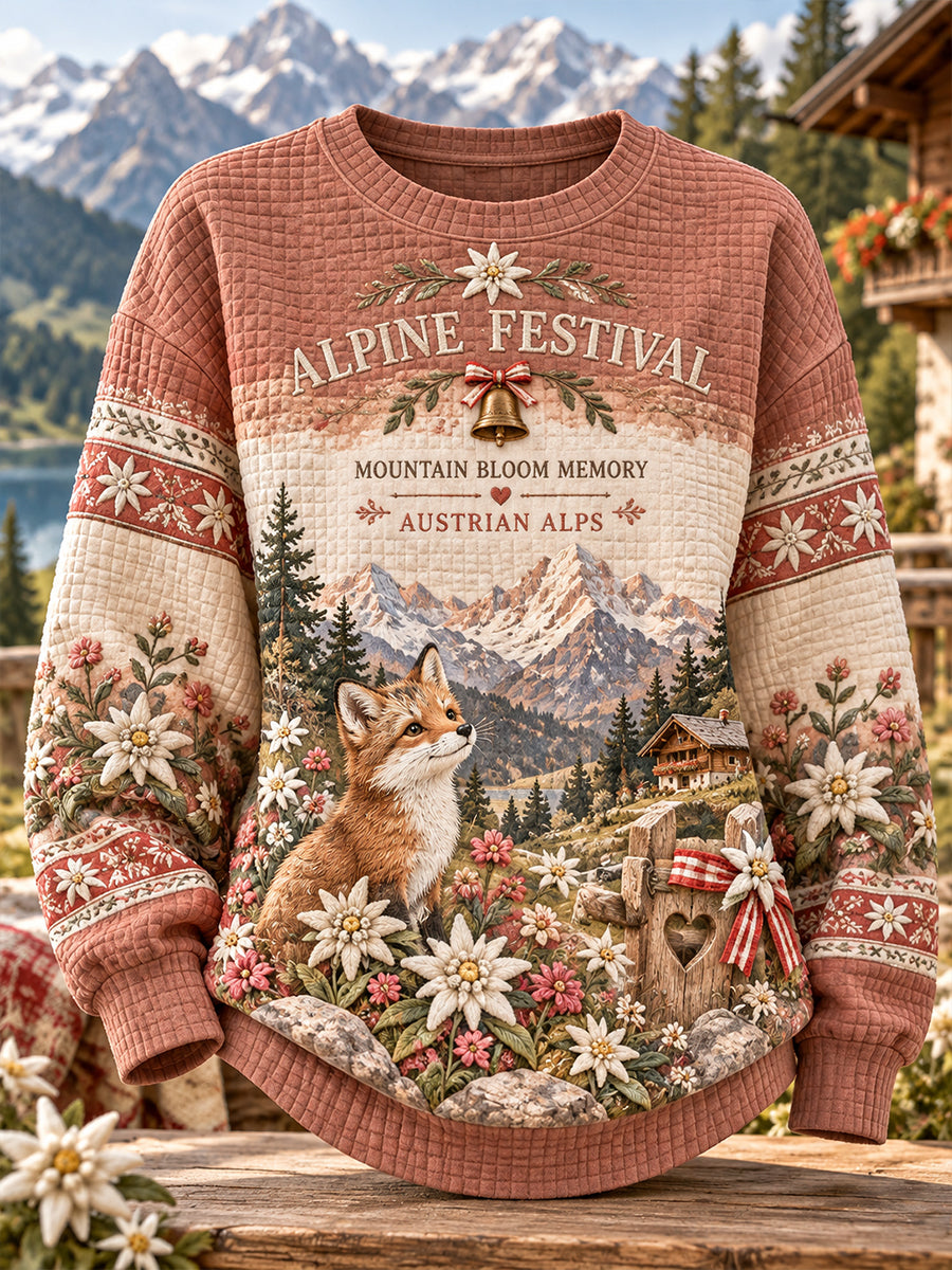 Damen-Alpin-Urlaubs-Graphic-Waffelstrick-Langarm-Sweatshirt
