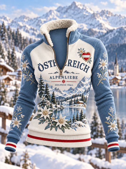 Damen-Fleece-Turtleneck-Sweatshirt mit alpinem Urlaubsmotiv