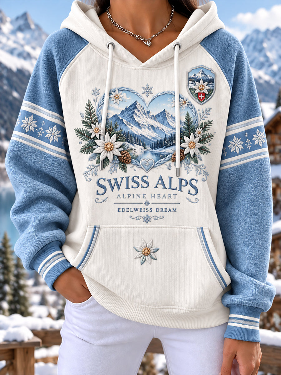 Damen-Hoodie mit alpinem Festtagsmuster und Raglanärmeln