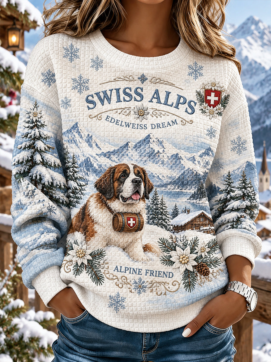 Damen-Alpin-Urlaubs-Graphic-Waffelstrick-Langarm-Sweatshirt