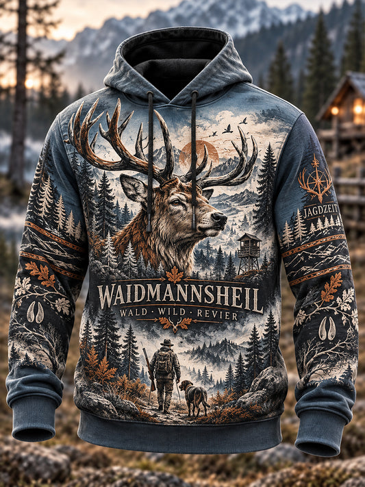 Herren-Kapuzenpullover mit Reißverschluss, lässigem Pelzkragen und Jagdmotiv im deutschen Stil