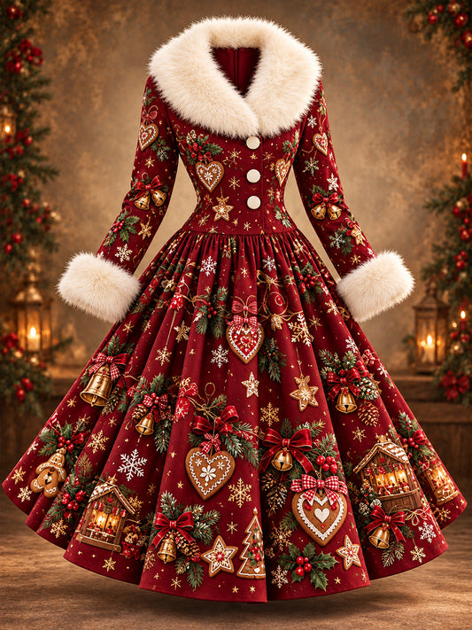 Langes Damenkleid mit Weihnachtsmotiv-Print und Pelzkragen