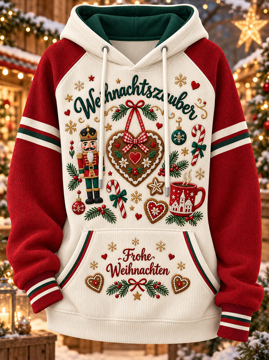 Damen-Kapuzenpullover mit langen Raglanärmeln und weihnachtlichem Print
