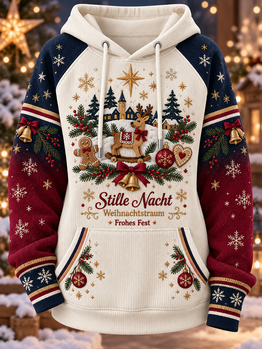 Damen-Kapuzenpullover mit langen Raglanärmeln und weihnachtlichem Print