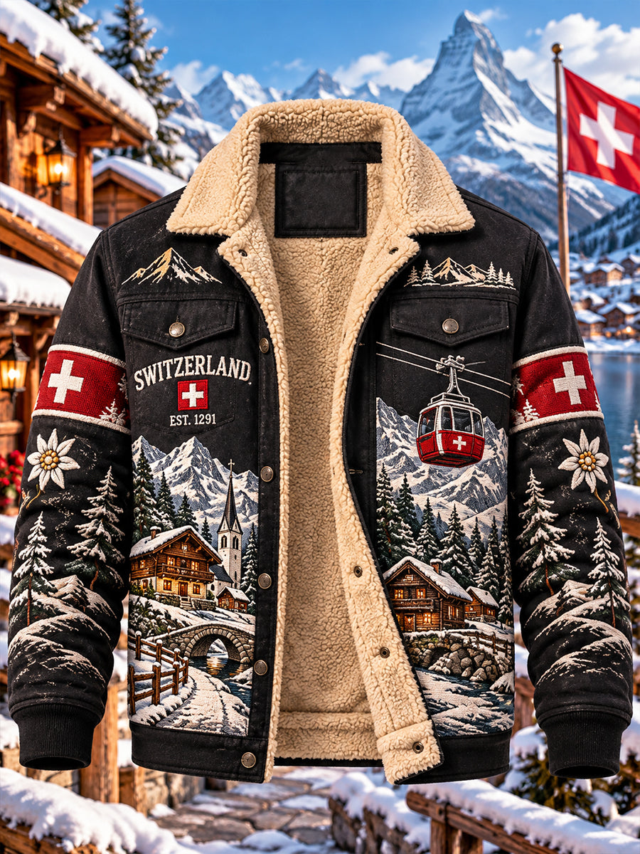 Herrenjacke mit Fleece-Innenfutter und alpinem Gedenkgrafikdruck
