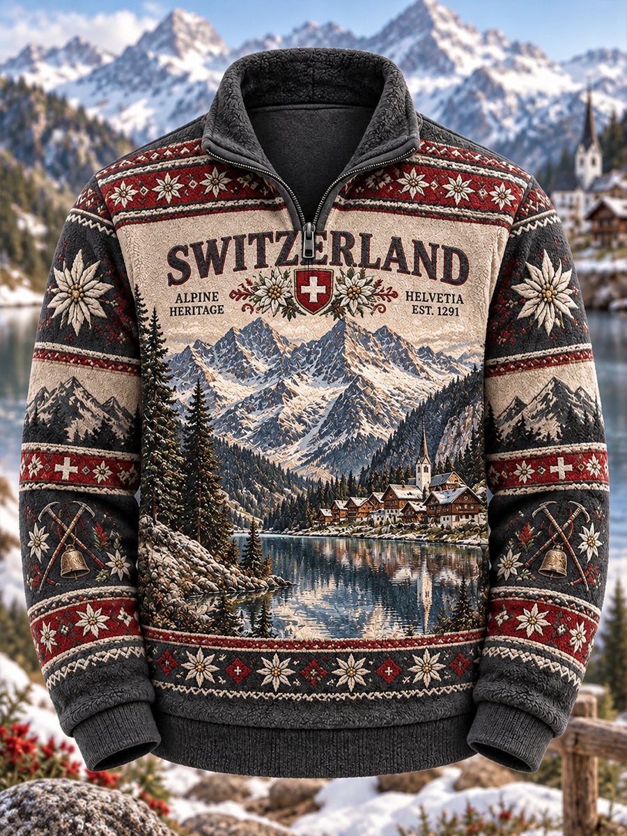 Herren-Flanell-Sweatshirt mit Mock-Neck und alpinem Print