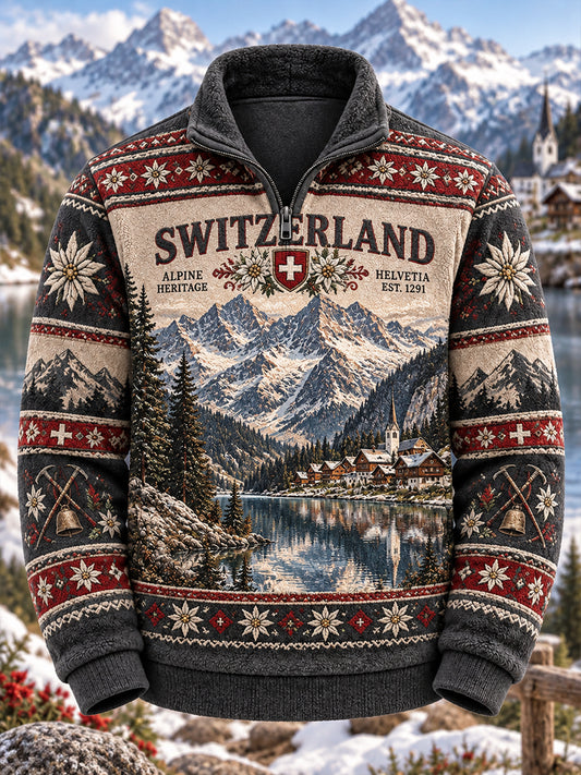 Herren-Flanell-Sweatshirt mit Mock-Neck und alpinem Print
