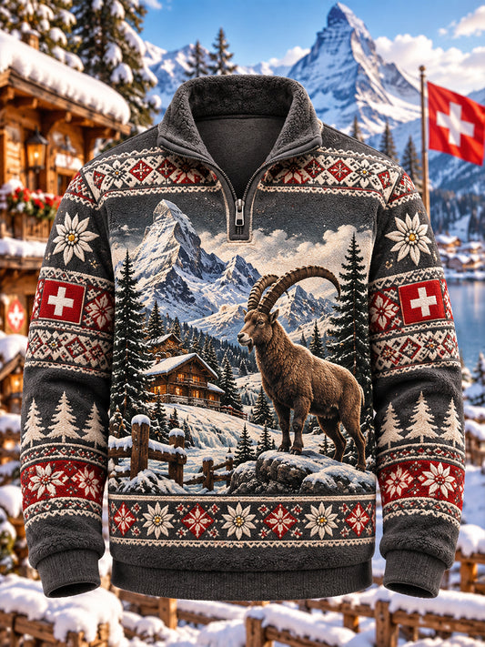 Herren-Flanell-Sweatshirt mit Mock-Neck und alpinem Print