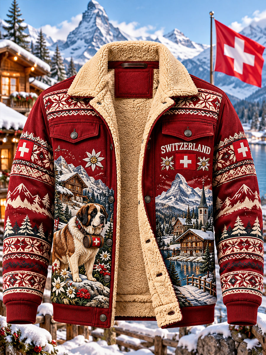 Herrenjacke mit Fleece-Innenfutter und alpinem Gedenkgrafikdruck