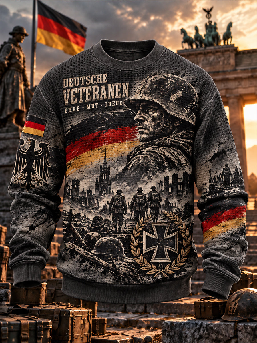 Herren-Sweatshirt mit langen Ärmeln, Waffelstruktur und Veteranendenkmal-Motiv