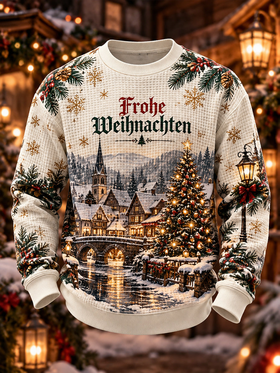Herren-Sweatshirt mit weihnachtlichem Print, Waffelstruktur und langen Ärmeln
