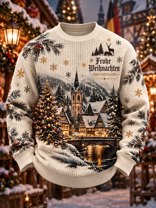 Herren-Sweatshirt mit weihnachtlichem Print, Waffelstruktur und langen Ärmeln
