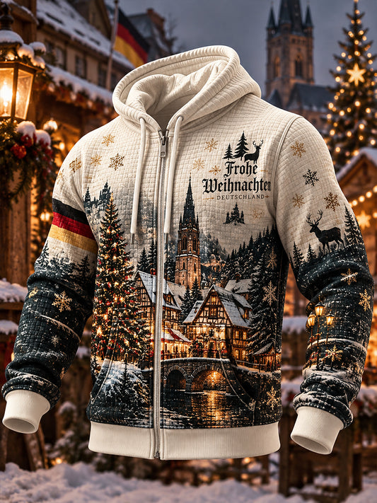 Herren-Kapuzenpullover mit Weihnachtsmotiv, gewebte Waffelstruktur
