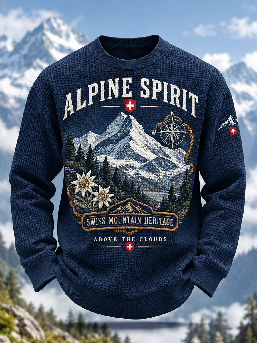 Herren-Sweatshirt mit alpinem Grafikmotiv, gewellt gestrickt, langärmlig