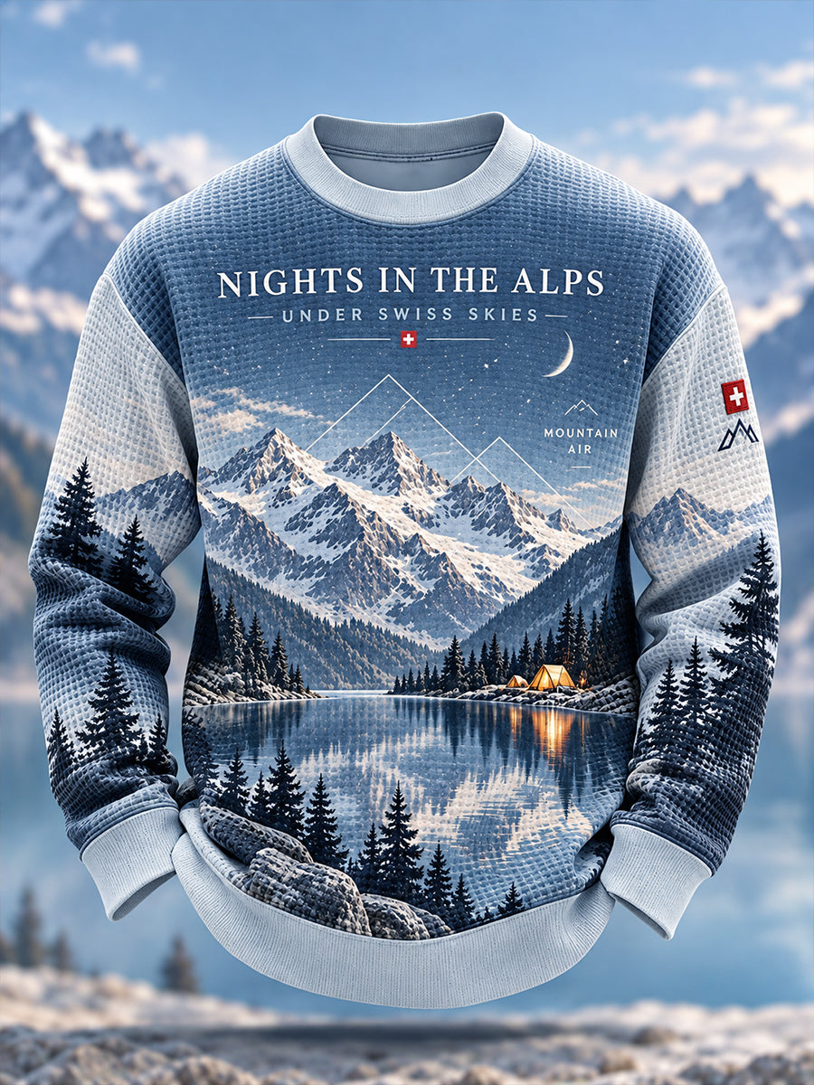 Herren-Sweatshirt mit alpinem Grafikmotiv, gewellt gestrickt, langärmlig