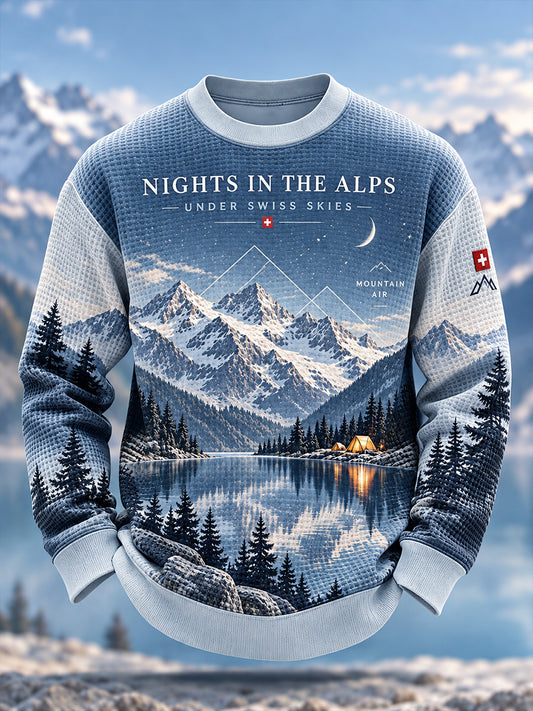 Herren-Sweatshirt mit alpinem Grafikmotiv, gewellt gestrickt, langärmlig