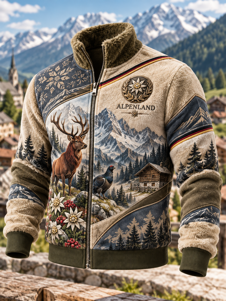 Herren-Alpen-Kunst-Flanelljacke mit Reißverschluss