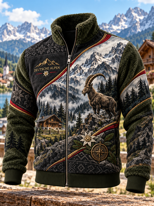 Herren-Alpen-Kunst-Flanelljacke mit Reißverschluss