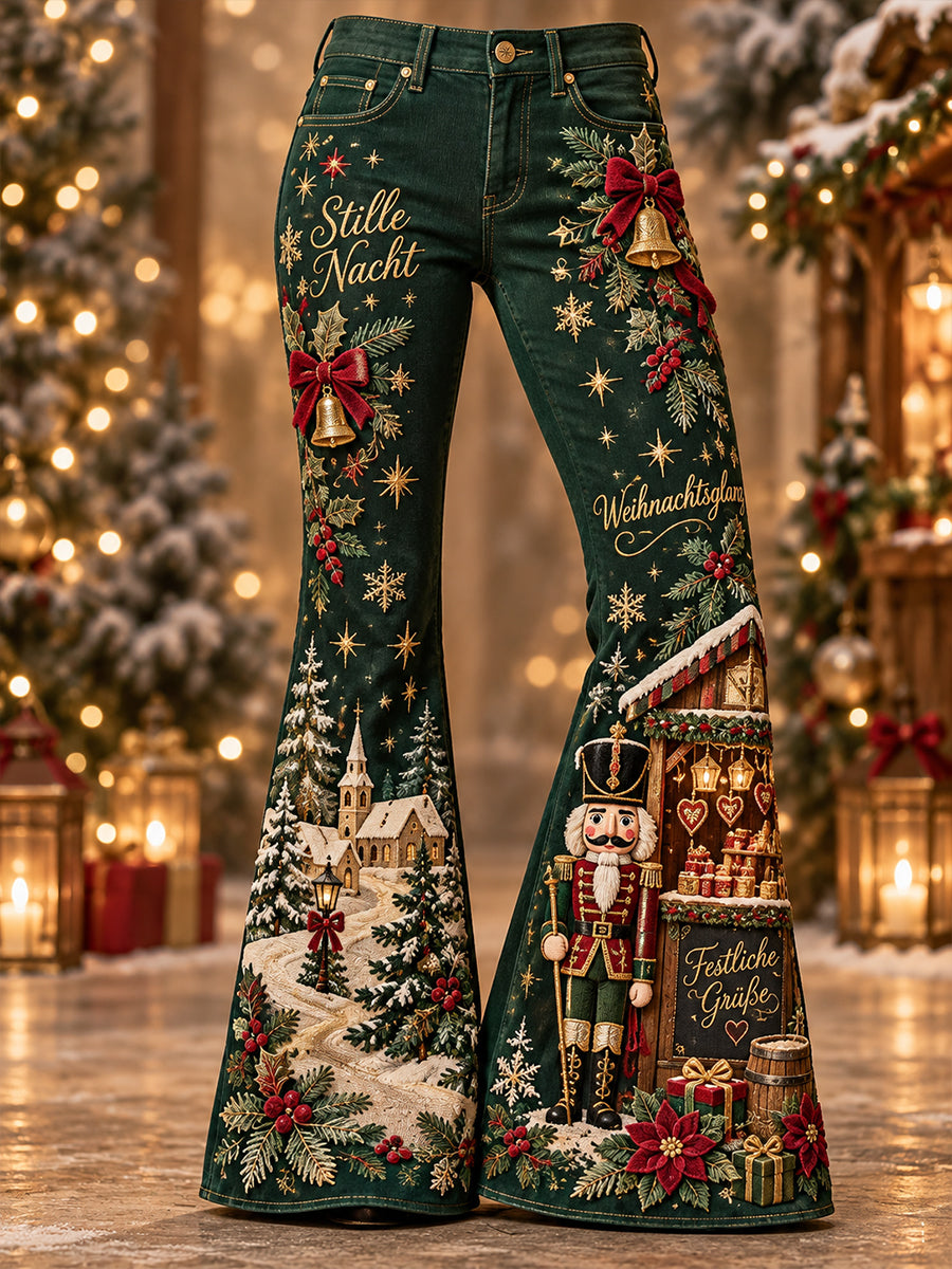 Damen-Lange Schlaghose mit weihnachtlichem Print