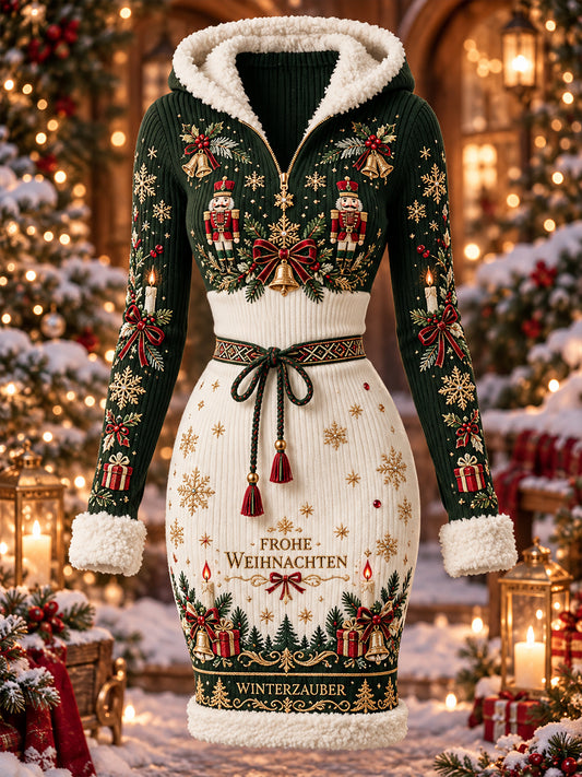 Damen-Kapuzenkleid mit weihnachtlichem Motiv und festlichen Grafikprints