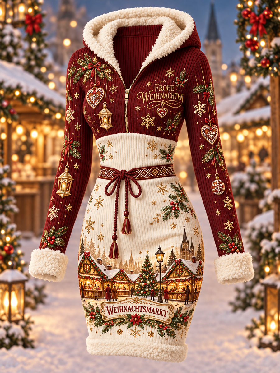 Damen-Kapuzenkleid mit weihnachtlichem Motiv und festlichen Grafikprints