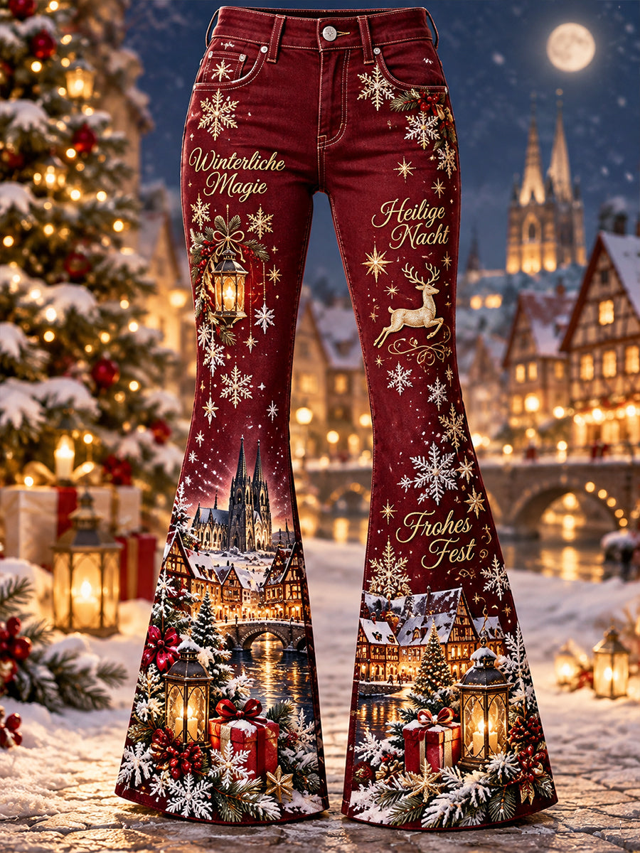 Damen-Lange Schlaghose mit weihnachtlichem Print