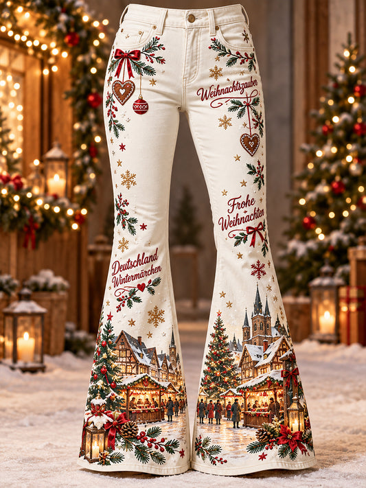 Damen-Lange Schlaghose mit weihnachtlichem Print